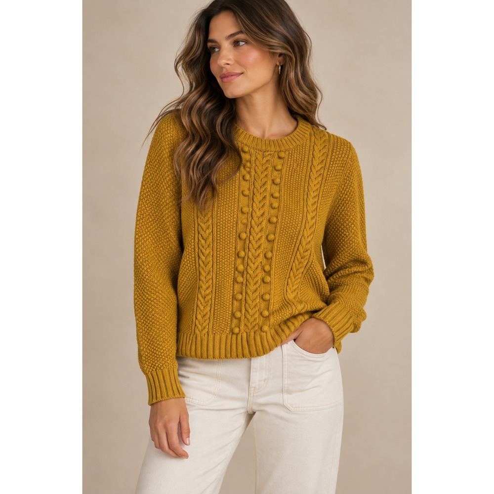 Boden Mustard Yellow Cable Knit Pom Pom Bobble Wool Alpaca Blend Sweater L